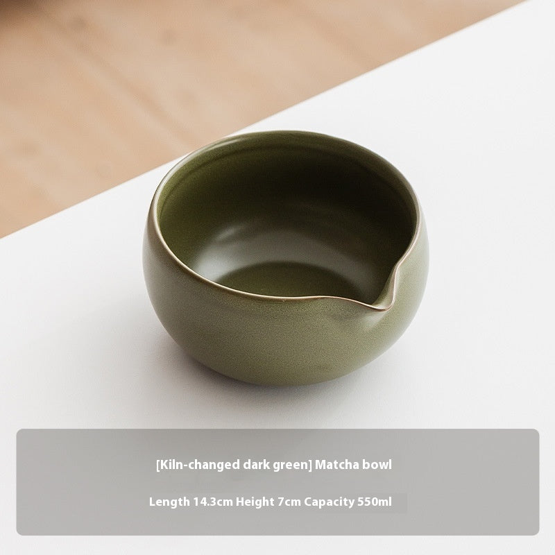 Kumora Spouted Chawan — dark green kiln-glazed ceramic matcha bowl with pour spout