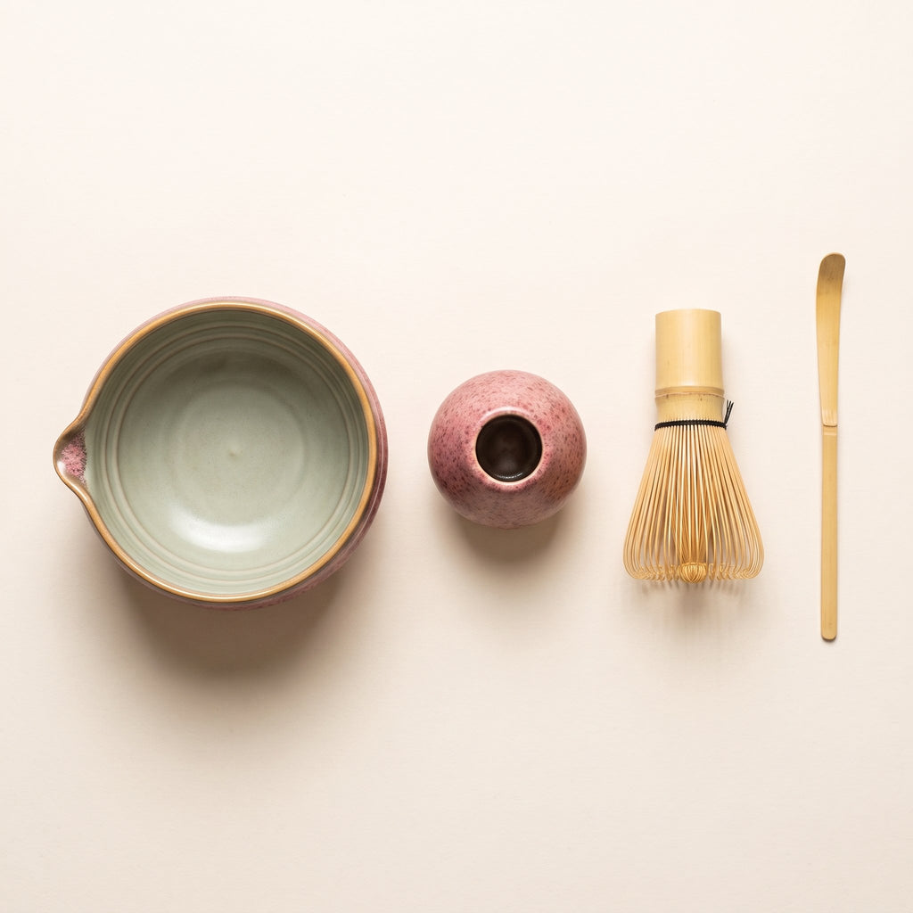 The four pieces of the Kumora matcha set, laid out from above