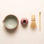 The four pieces of the Kumora matcha set, laid out from above
