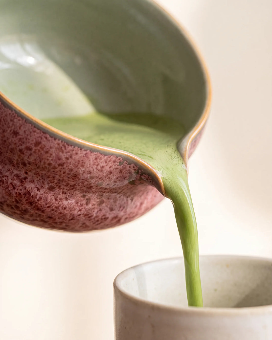 Close-up of the pouring spout on the Kumora matcha bowl in Ash Rose