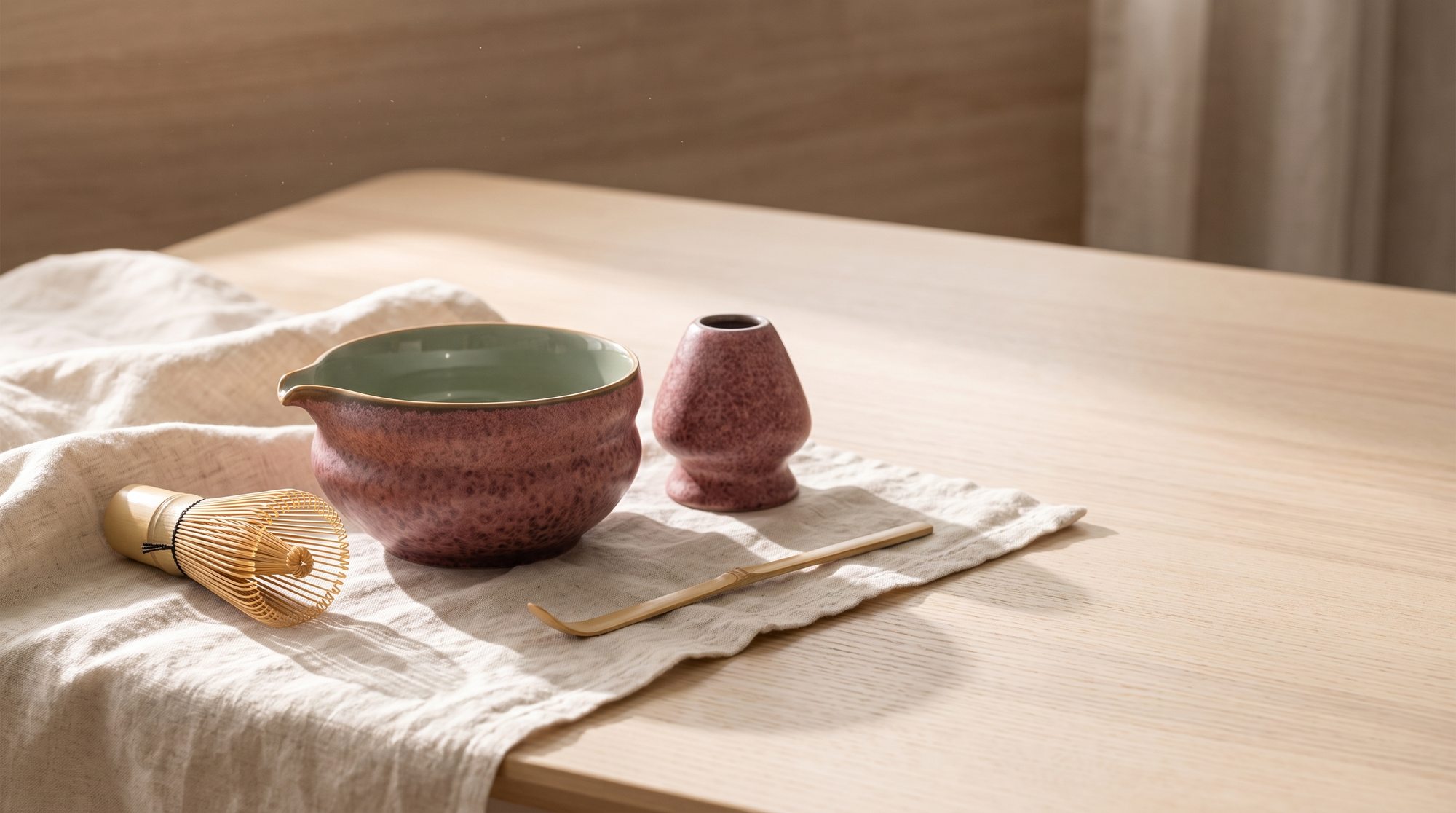The Ash Rose Kumora matcha bowl, ash-rose whisk holder and bamboo whisk on linen in soft morning light