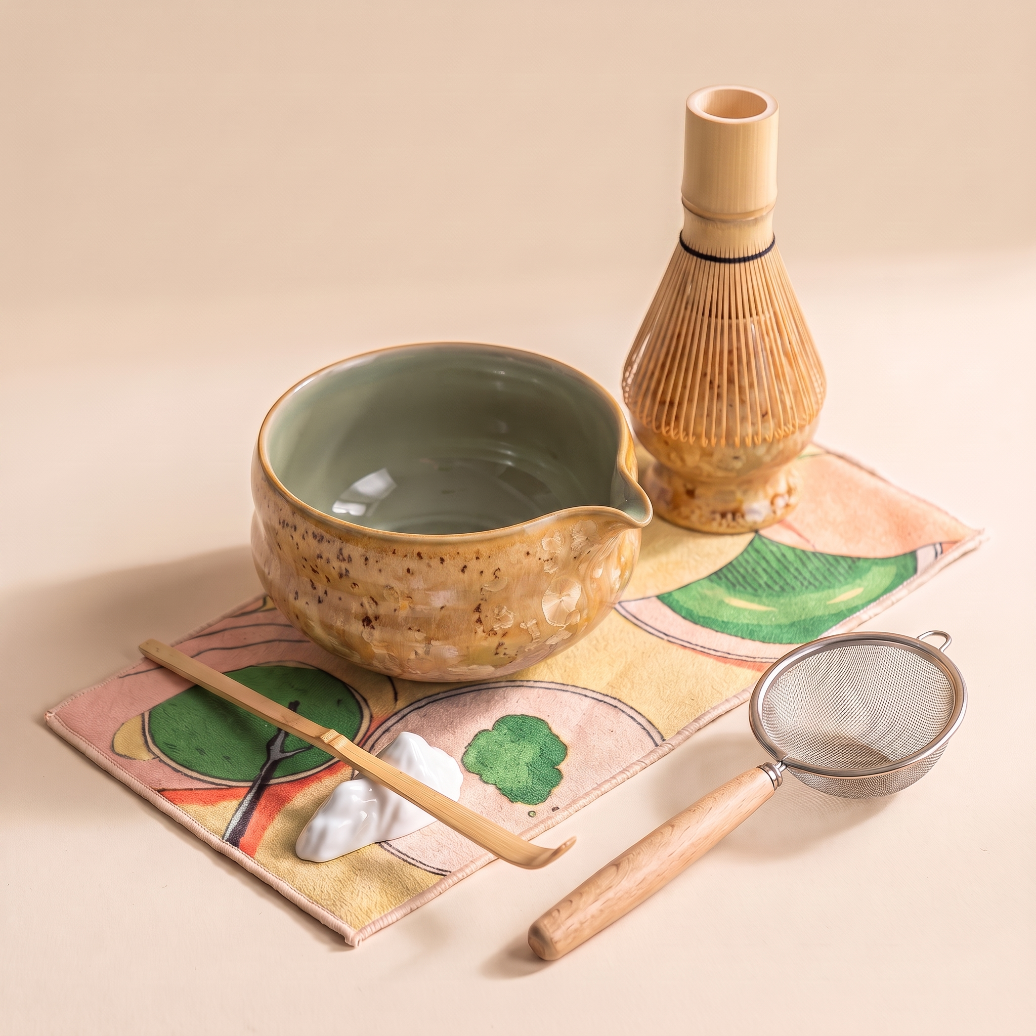 Kumora 7-piece matcha set in Amber — tighter three-quarter angle of the set, crystalline amber glaze and green-lined bowl