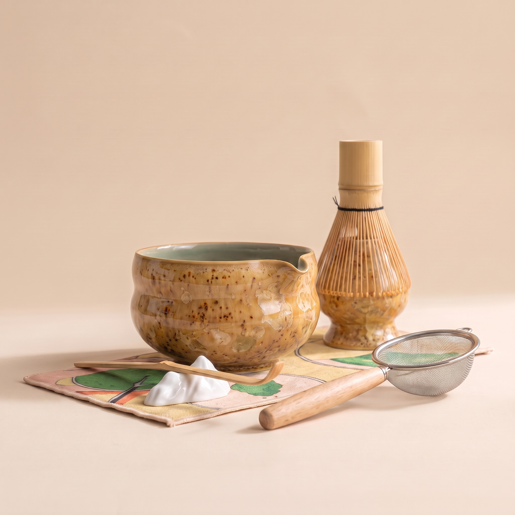 Kumora 7-piece matcha set in Amber — straight-on front view, spouted bowl in profile beside the docked whisk on its stand