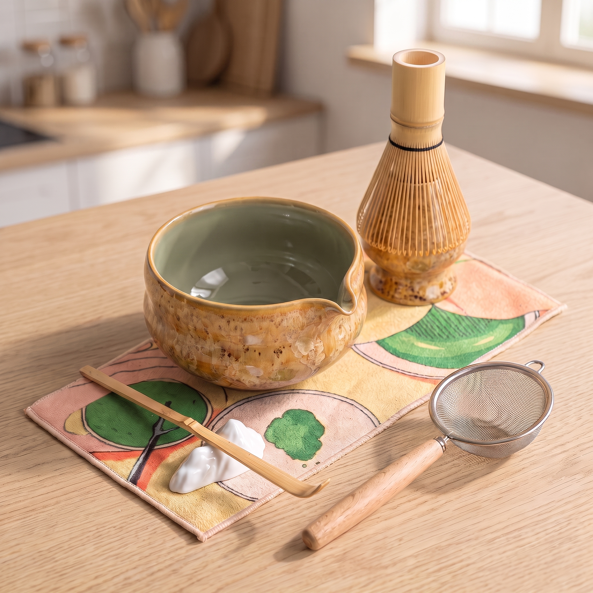 Kumora 7-piece matcha set in Amber — on a sunlit kitchen table in soft morning light, full set arranged on the printed mat