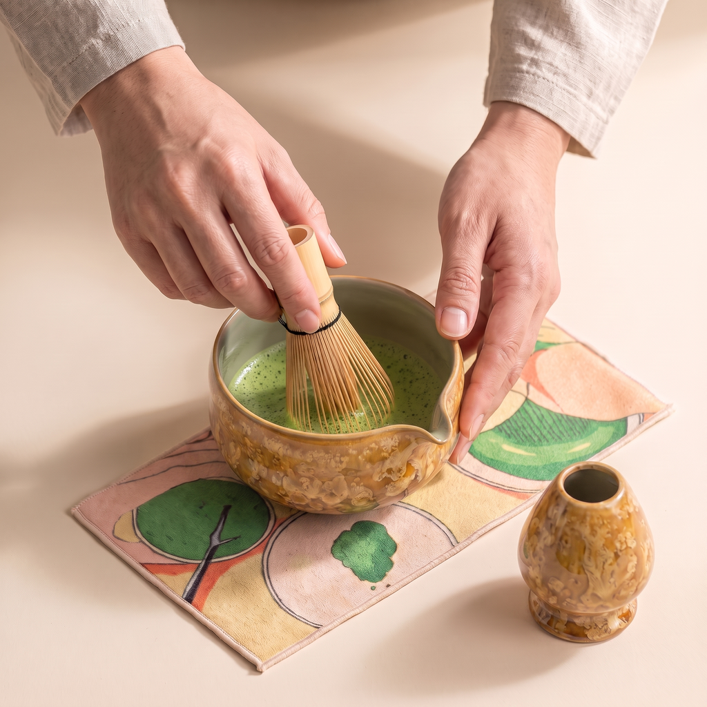 Kumora 7-piece matcha set in Amber — hands whisking bright green matcha to a froth in the spouted bowl, holder alongside
