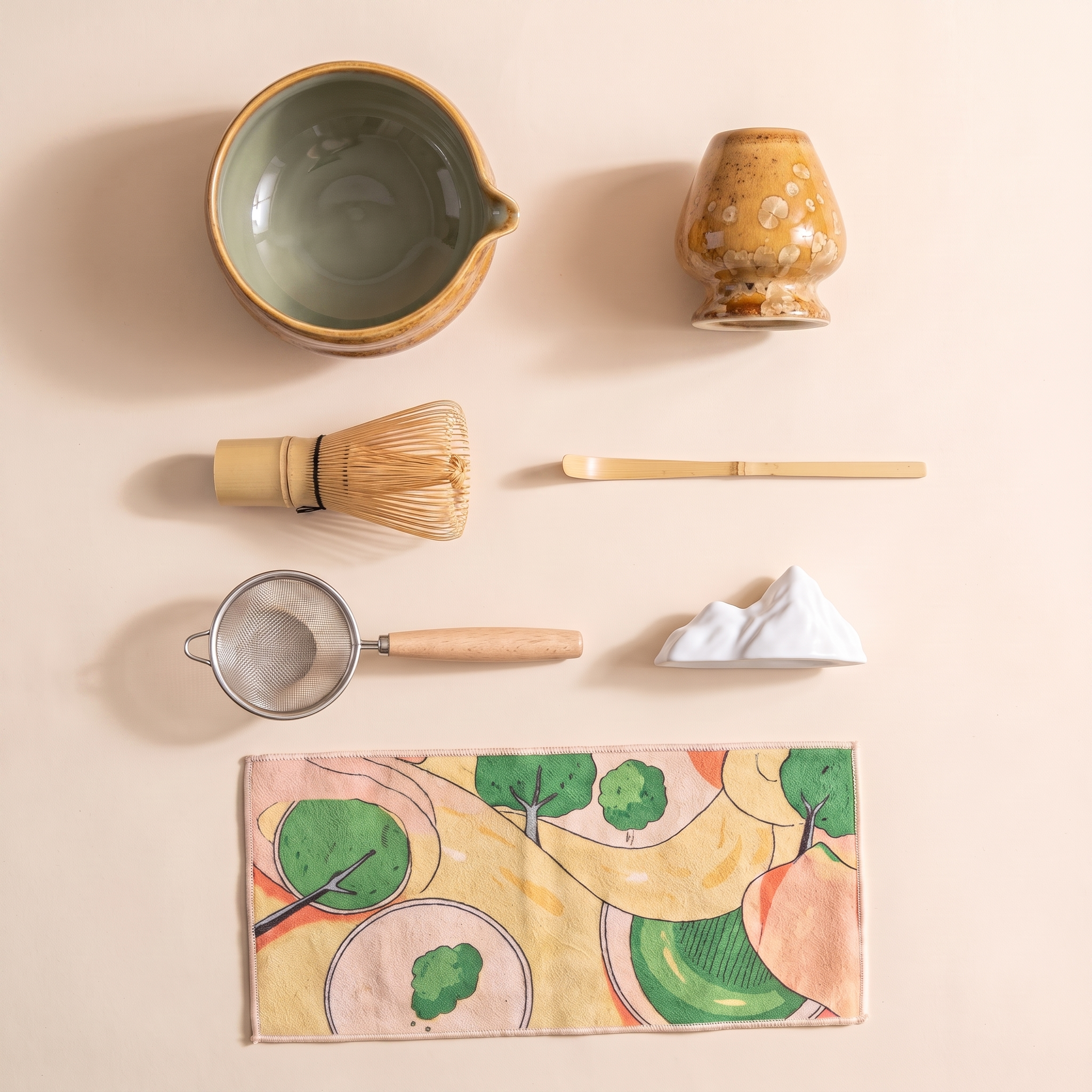 Kumora 7-piece matcha set in Amber — overhead flat-lay of all seven pieces: bowl, holder, whisk, scoop, sifter, rest, mat