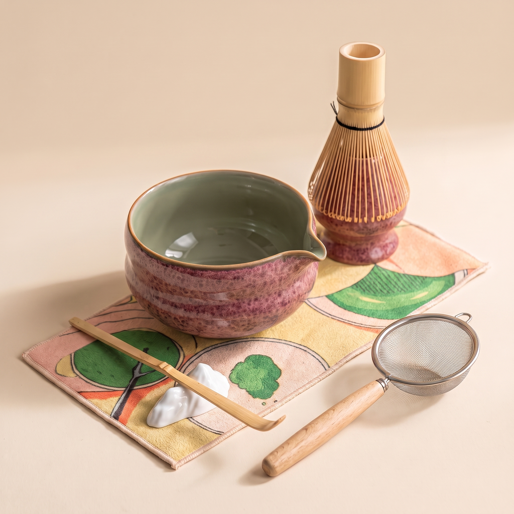 Kumora 7-piece matcha set in Ash Rose — three-quarter view of the spouted bowl, whisk stand, scoop, sifter and rest