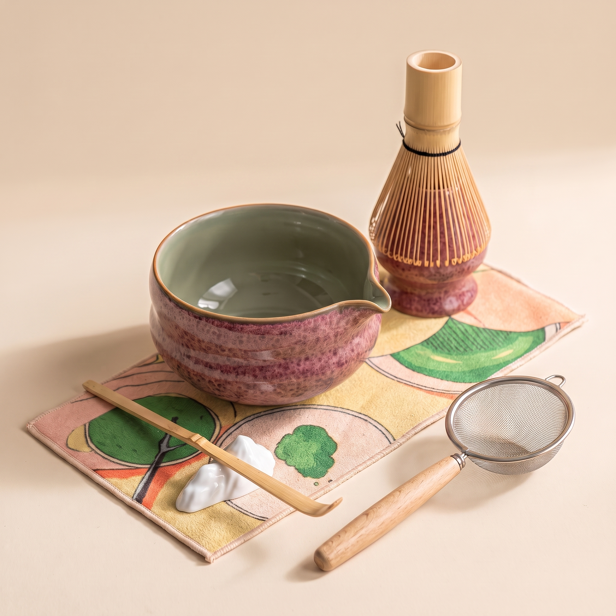 Kumora 7-piece matcha set in Ash Rose — three-quarter view of the spouted bowl, whisk stand, scoop, sifter and rest