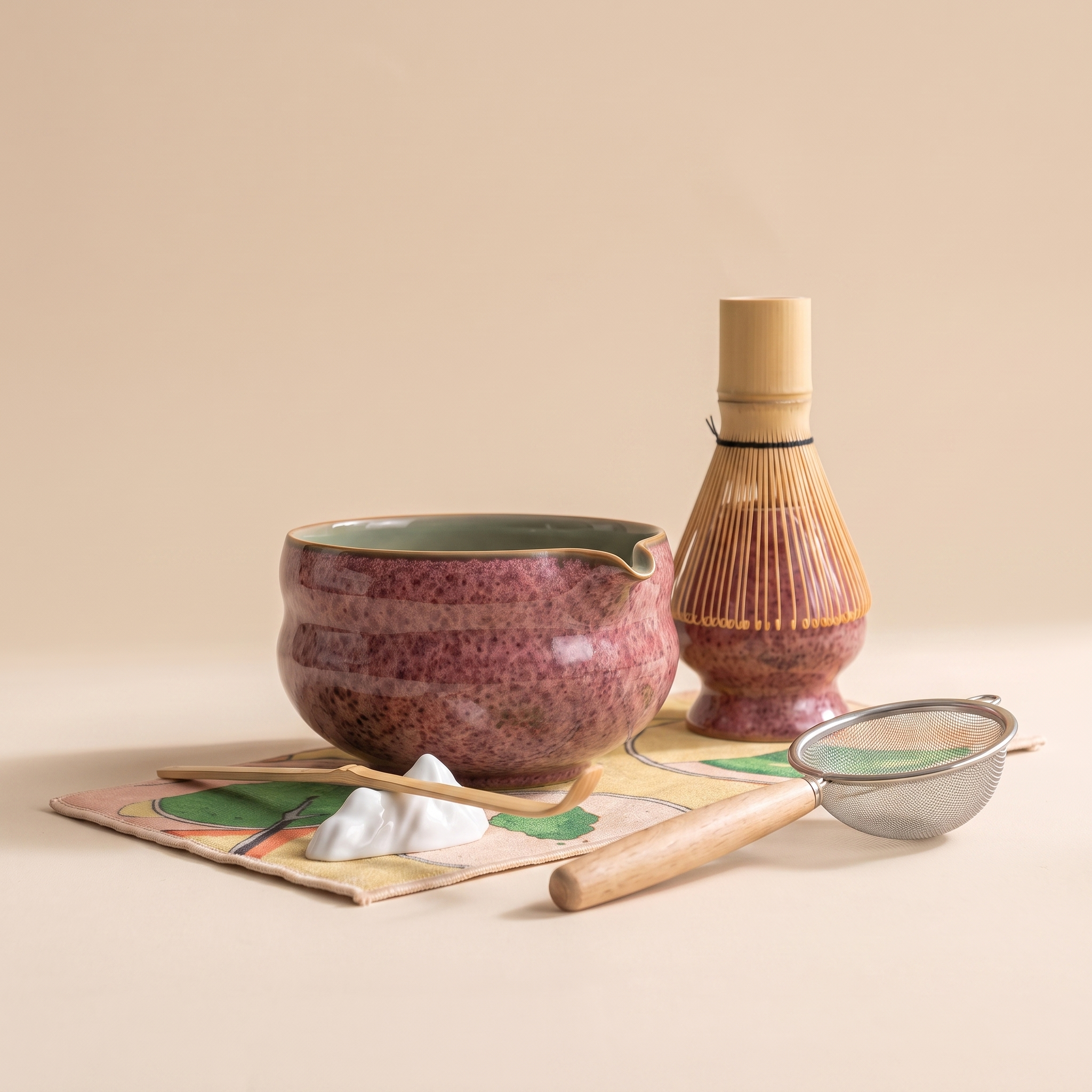 Kumora 7-piece matcha set in Ash Rose — straight-on front view, bowl spout and whisk stand in silhouette