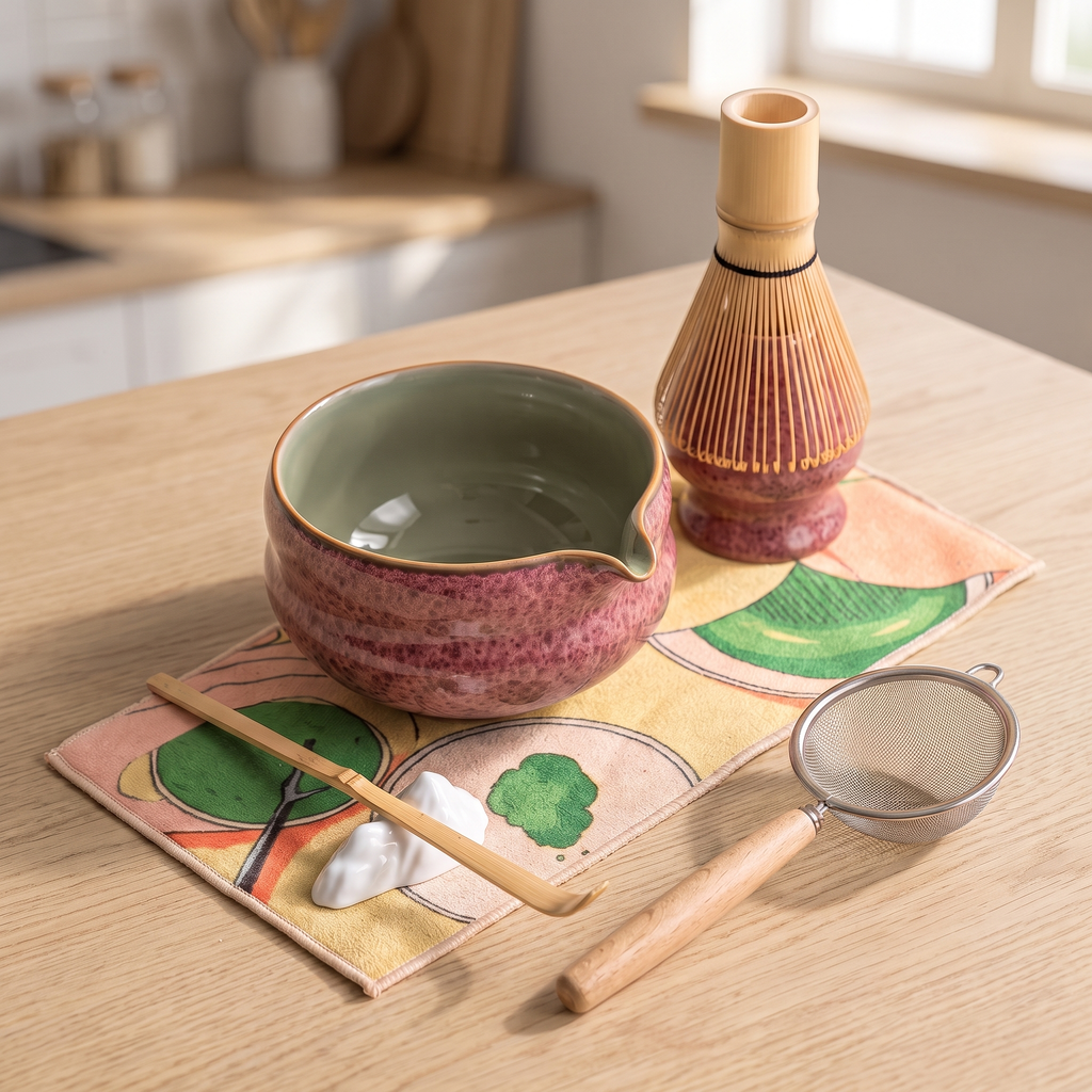 Kumora 7-piece matcha set in Ash Rose — lifestyle scene on a sunlit wood kitchen table in soft morning light