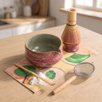 Kumora 7-piece matcha set in Ash Rose — lifestyle scene on a sunlit wood kitchen table in soft morning light