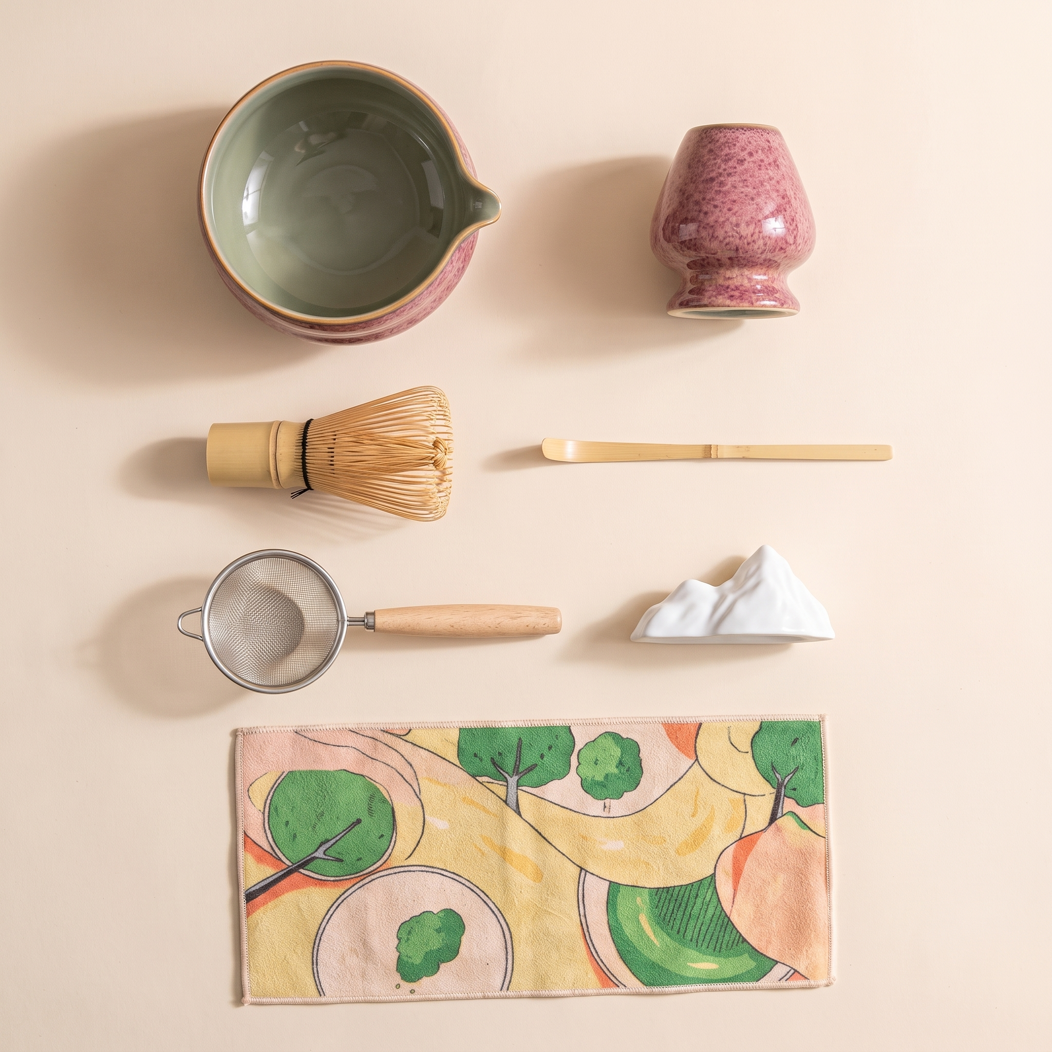 Kumora 7-piece matcha set in Ash Rose — overhead flat-lay of all seven pieces laid out separately