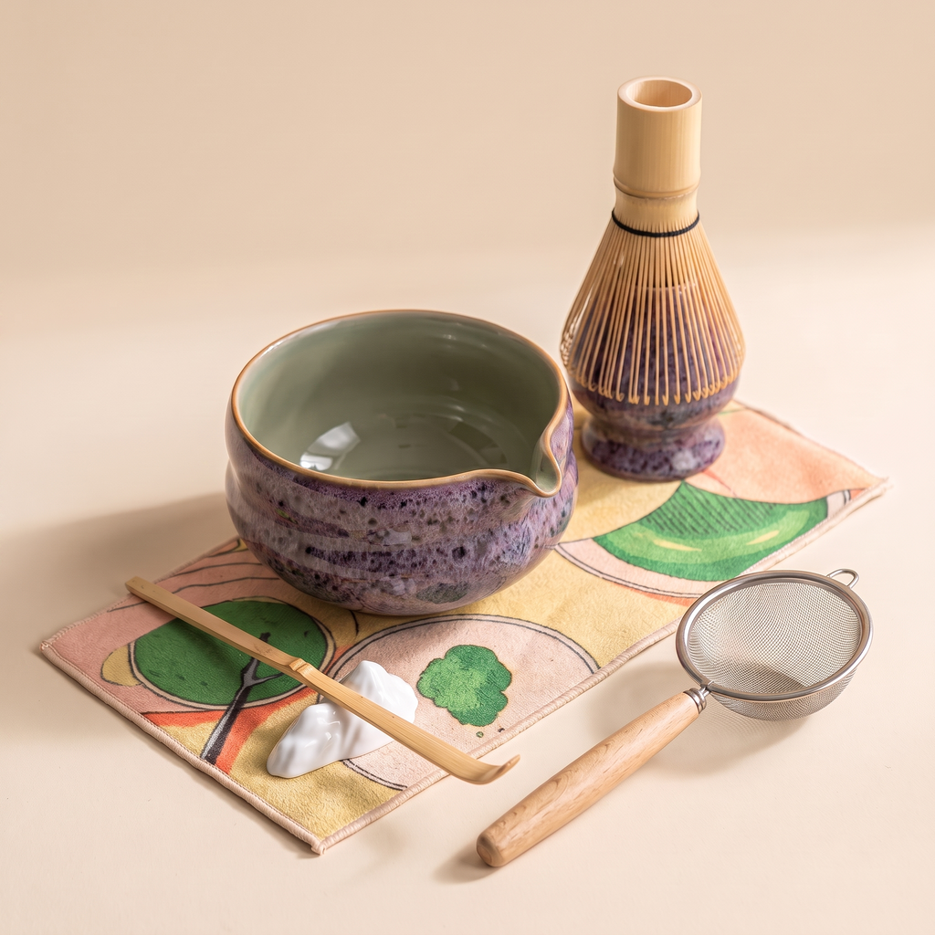 Kumora 7-piece matcha set in Aubergine — whole set styled on the printed mat with the spouted bowl and whisk stand