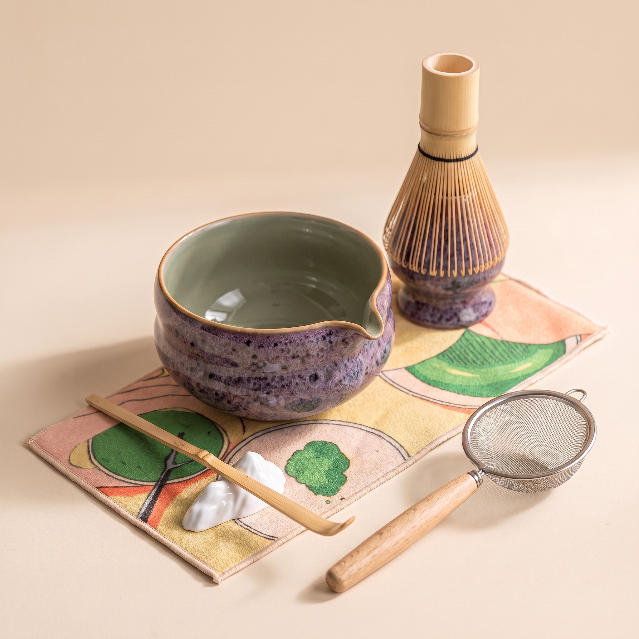 Kumora 7-piece matcha set in Aubergine — whole set styled on the printed mat with the spouted bowl and whisk stand