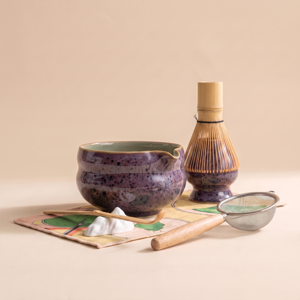 Kumora 7-piece matcha set in Aubergine — straight-on front view, spouted bowl in profile beside the whisk on its stand