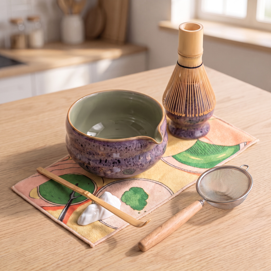 Kumora 7-piece matcha set in Aubergine — on a sunlit kitchen table in soft morning light, full set on the printed mat
