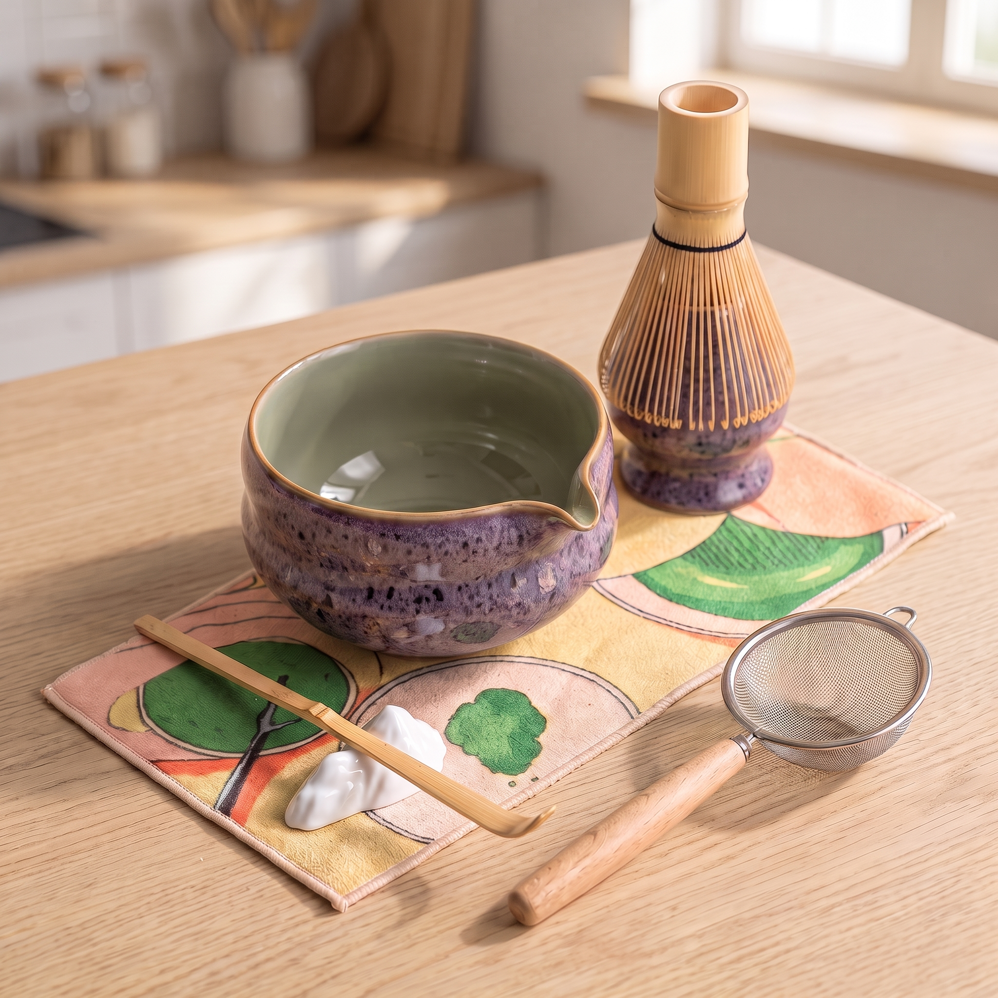 Kumora 7-piece matcha set in Aubergine — on a sunlit kitchen table in soft morning light, full set on the printed mat