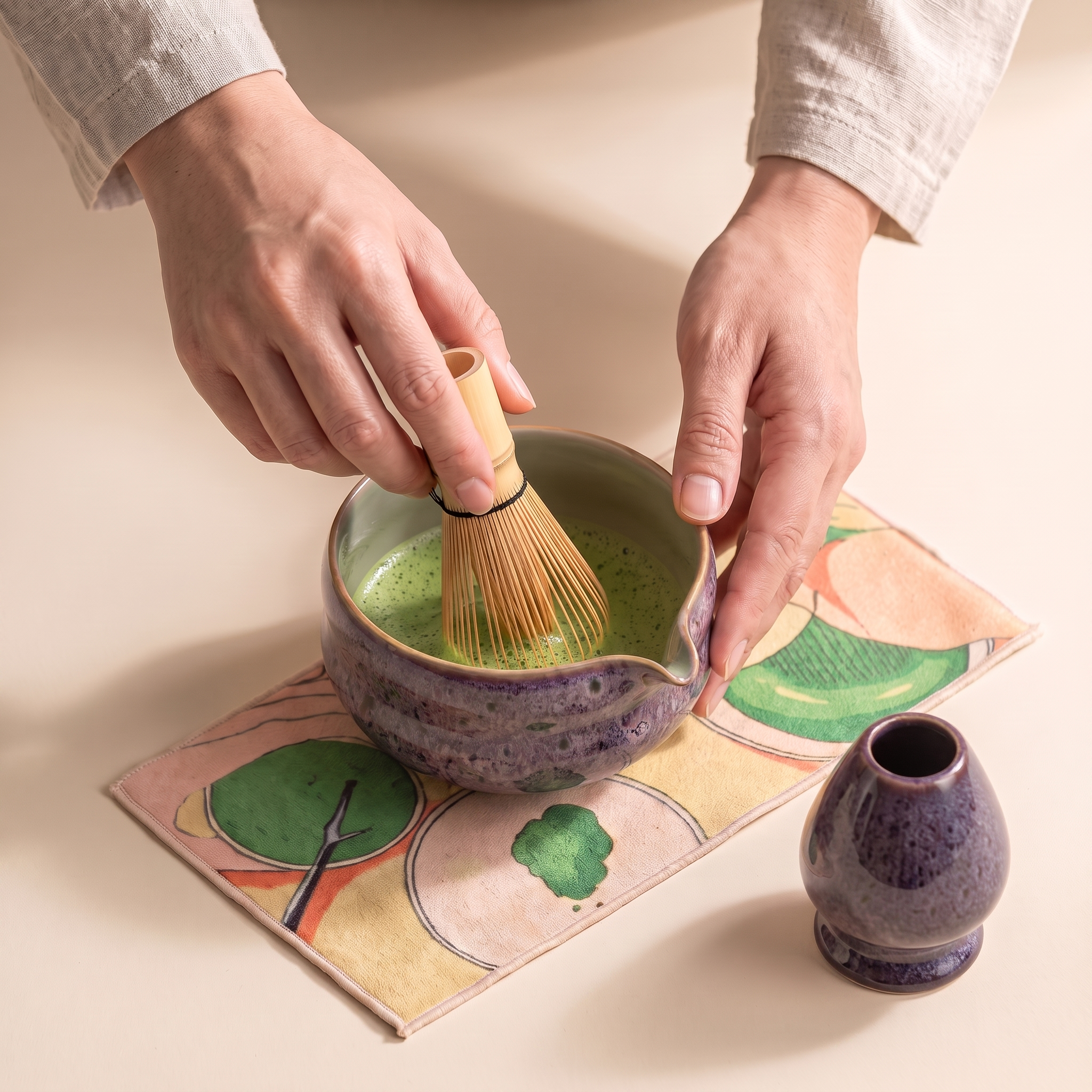 Kumora 7-piece matcha set in Aubergine — hands whisking bright green matcha to foam in the spouted bowl, stand nearby