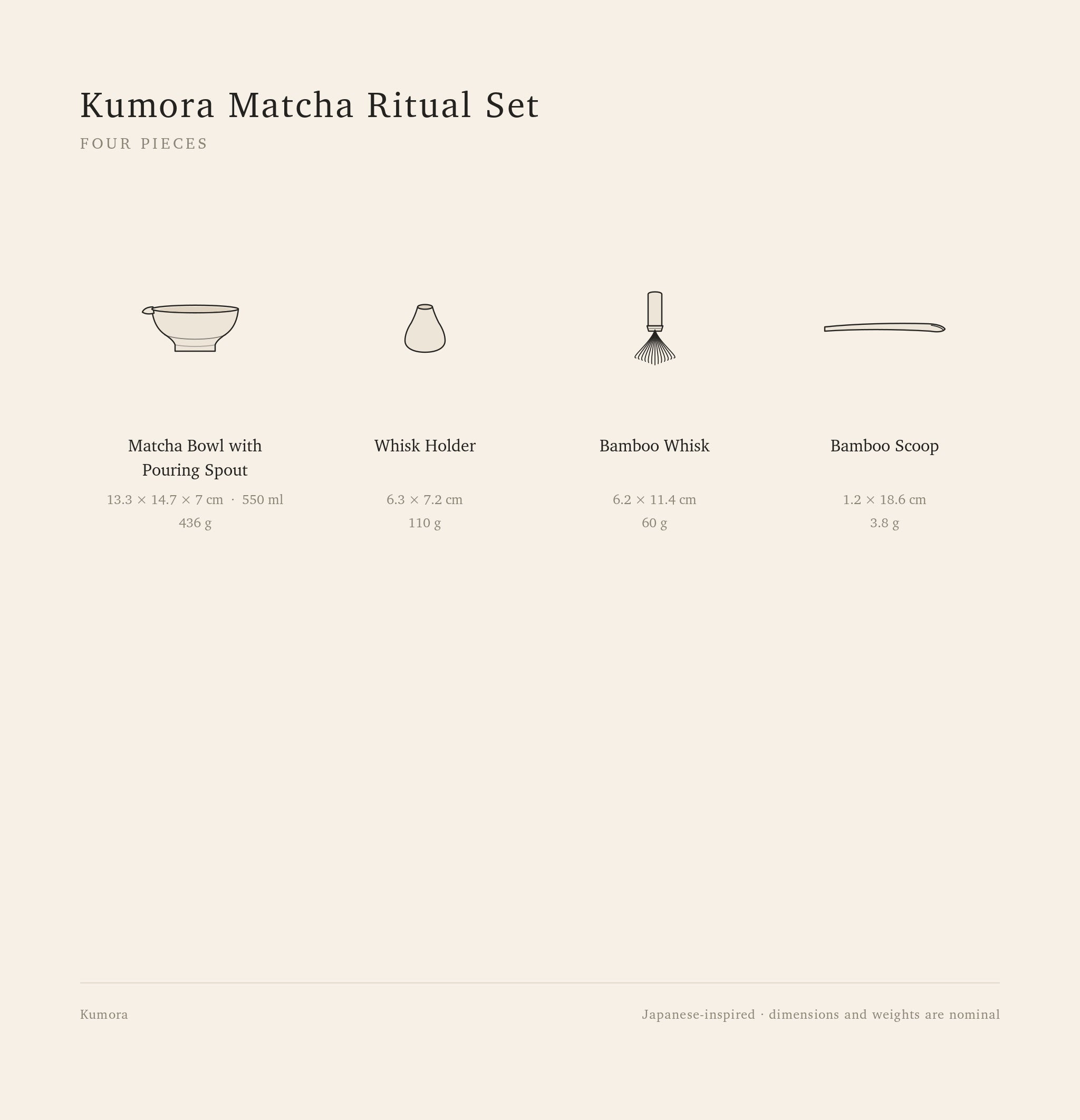 Kumora Matcha Ritual Set, four pieces — what's included and specifications: matcha bowl with pouring spout, whisk holder, bamboo whisk and bamboo scoop, with dimensions and weights.