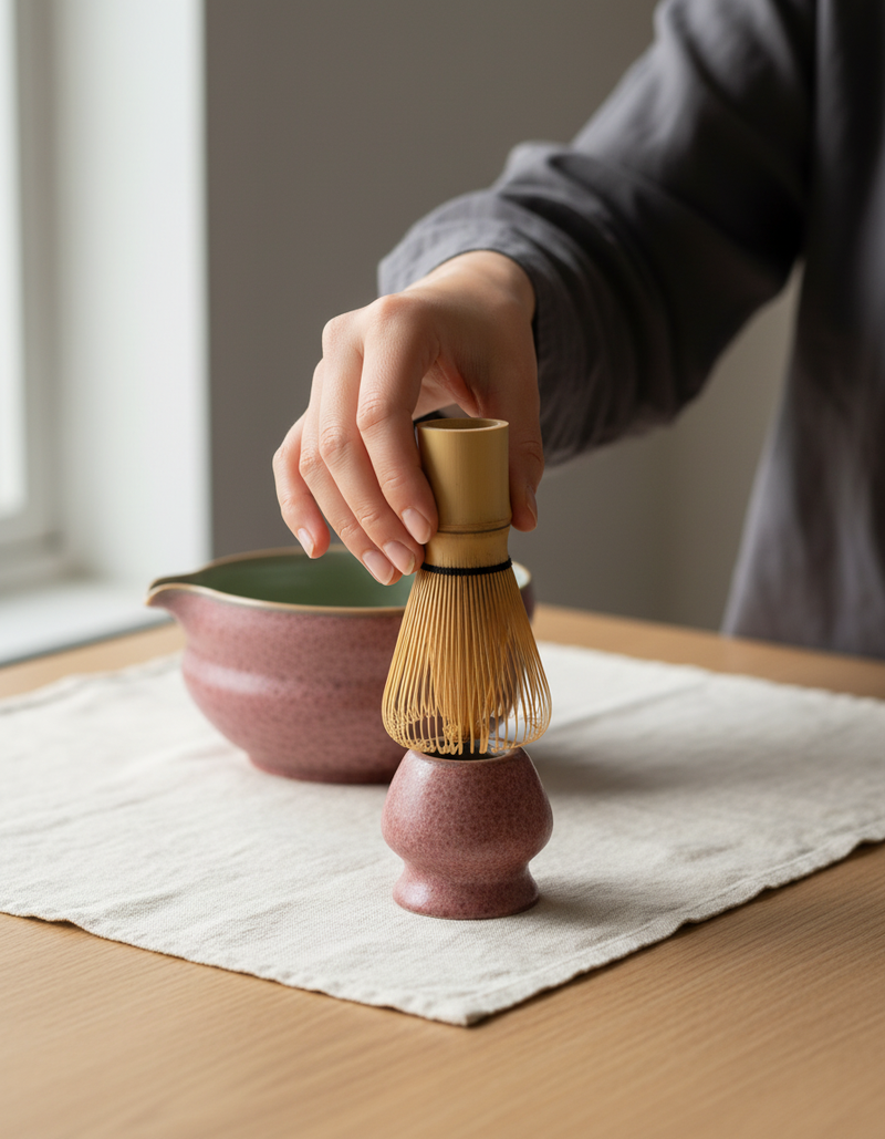 A hand resting the bamboo whisk on its ash-rose ceramic holder beside the matcha bowl
